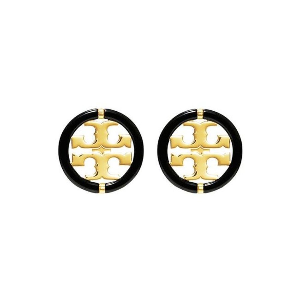 Tory Burch Gold Black Enamel Miller Circle Logo Earrings